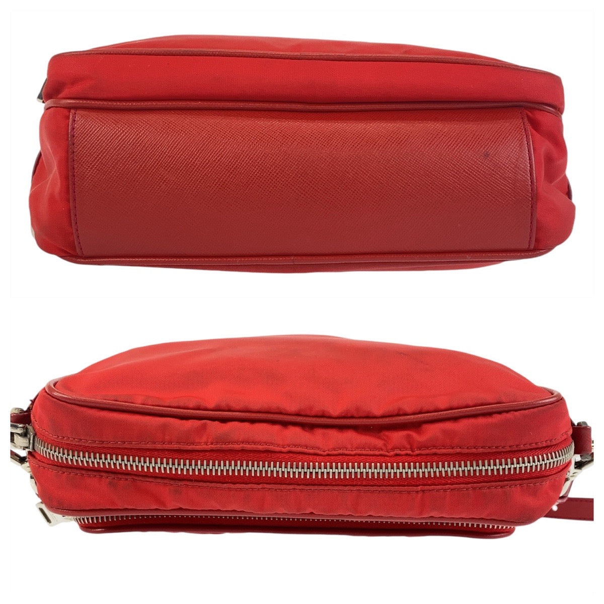 Prada Shoulder Bag Nylon Red Silver Metal Testo Saffiano Triangle With Logo