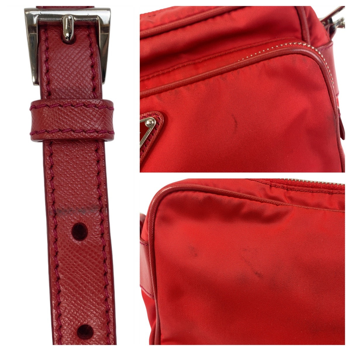 Prada Shoulder Bag Nylon Red Silver Metal Testo Saffiano Triangle With Logo