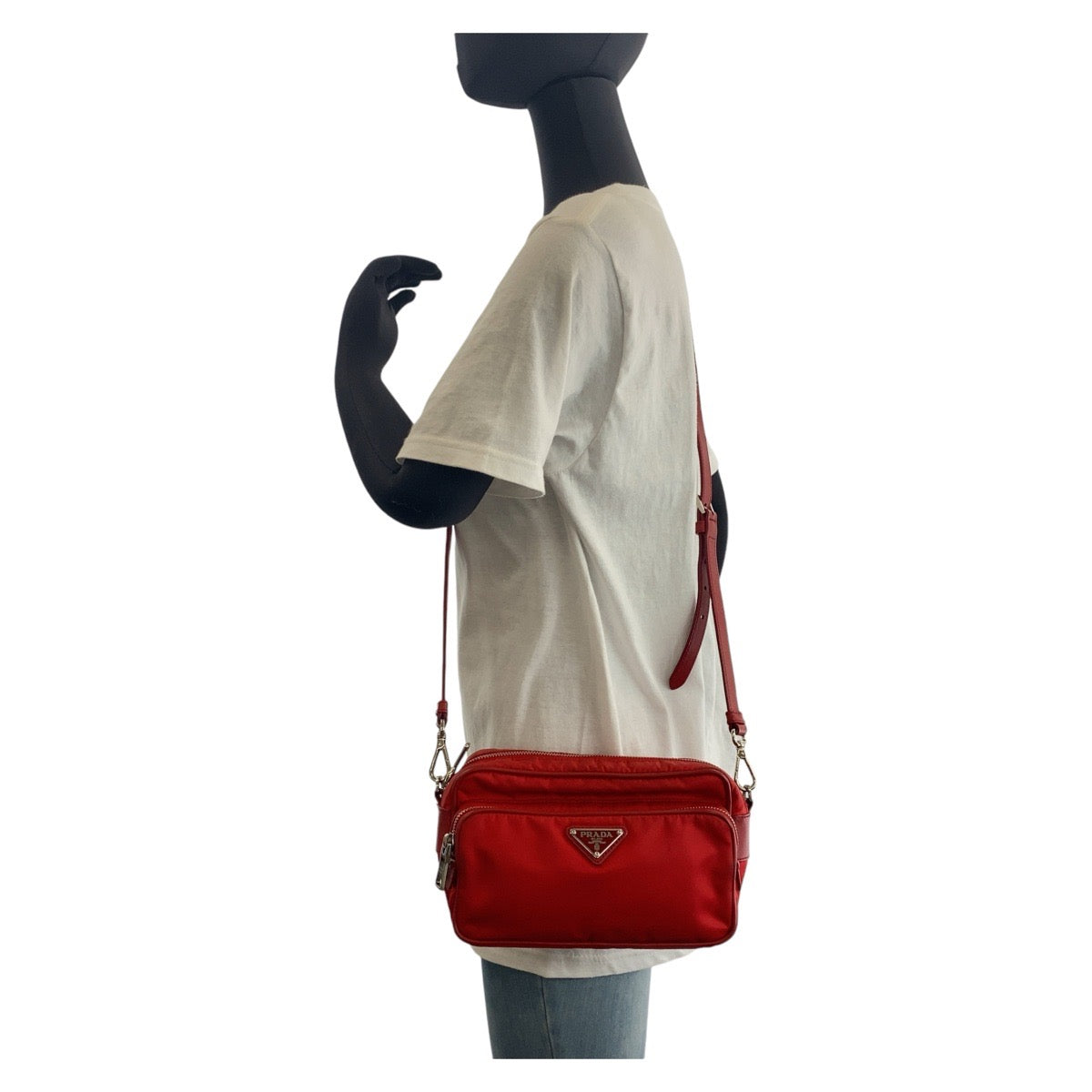 Prada Shoulder Bag Nylon Red Silver Metal Testo Saffiano Triangle With Logo