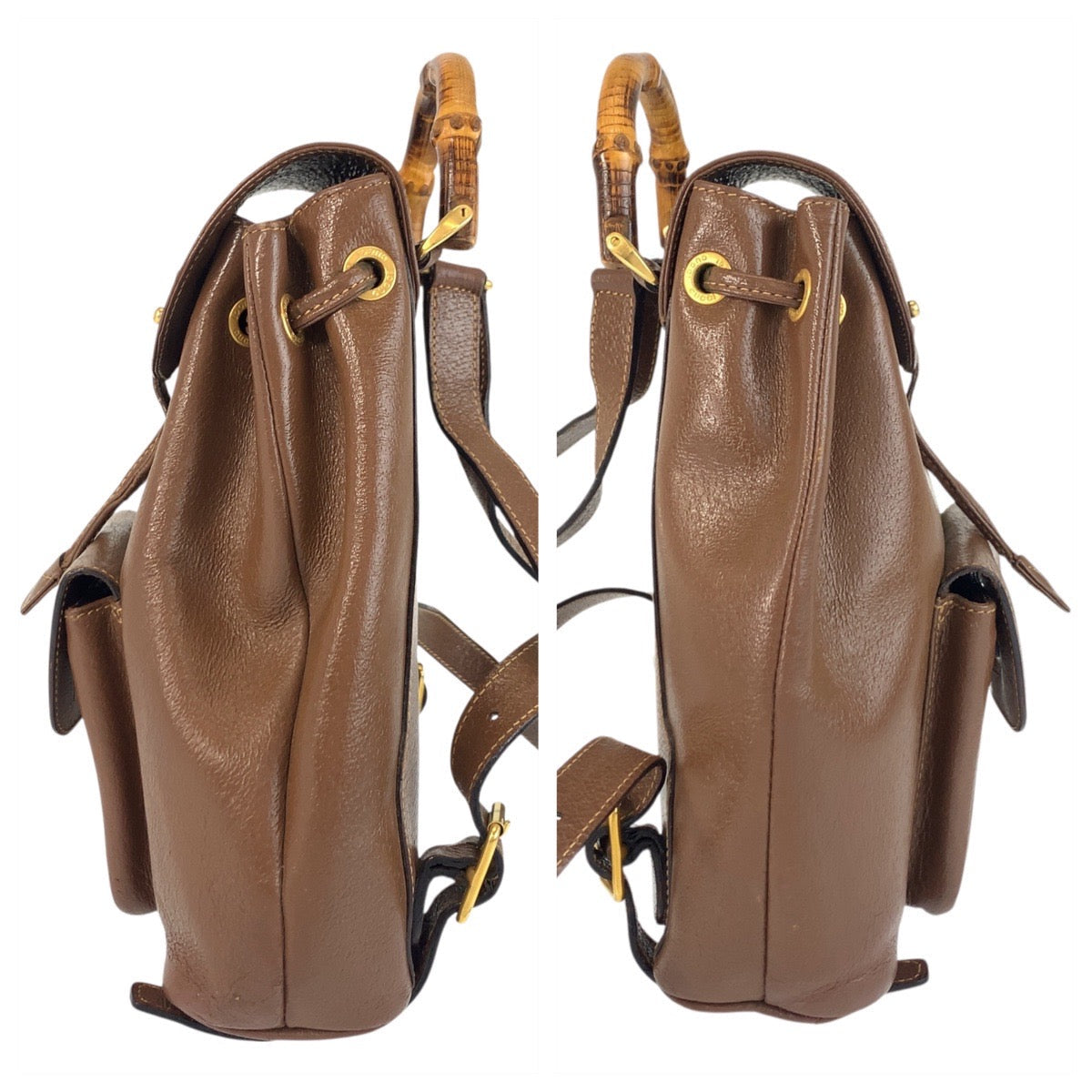 Gucci Backpack 003 2034 0030 Leather Brown Gold Metal Bamboo