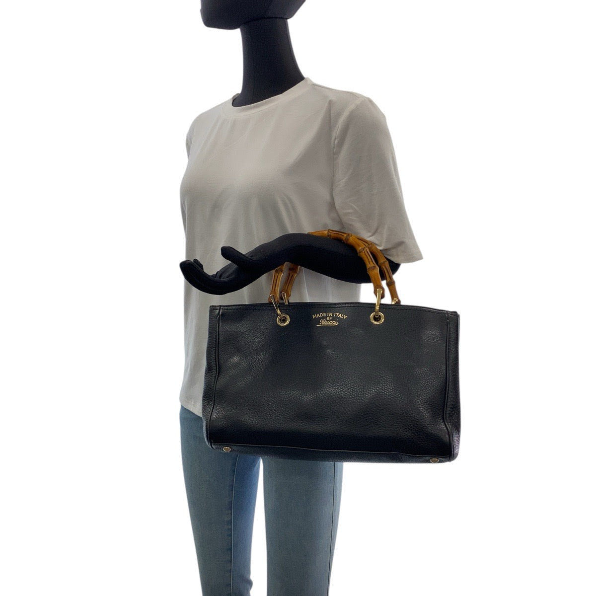 Gucci Handbag 323660 Leather Black Gold Bamboo Shopper