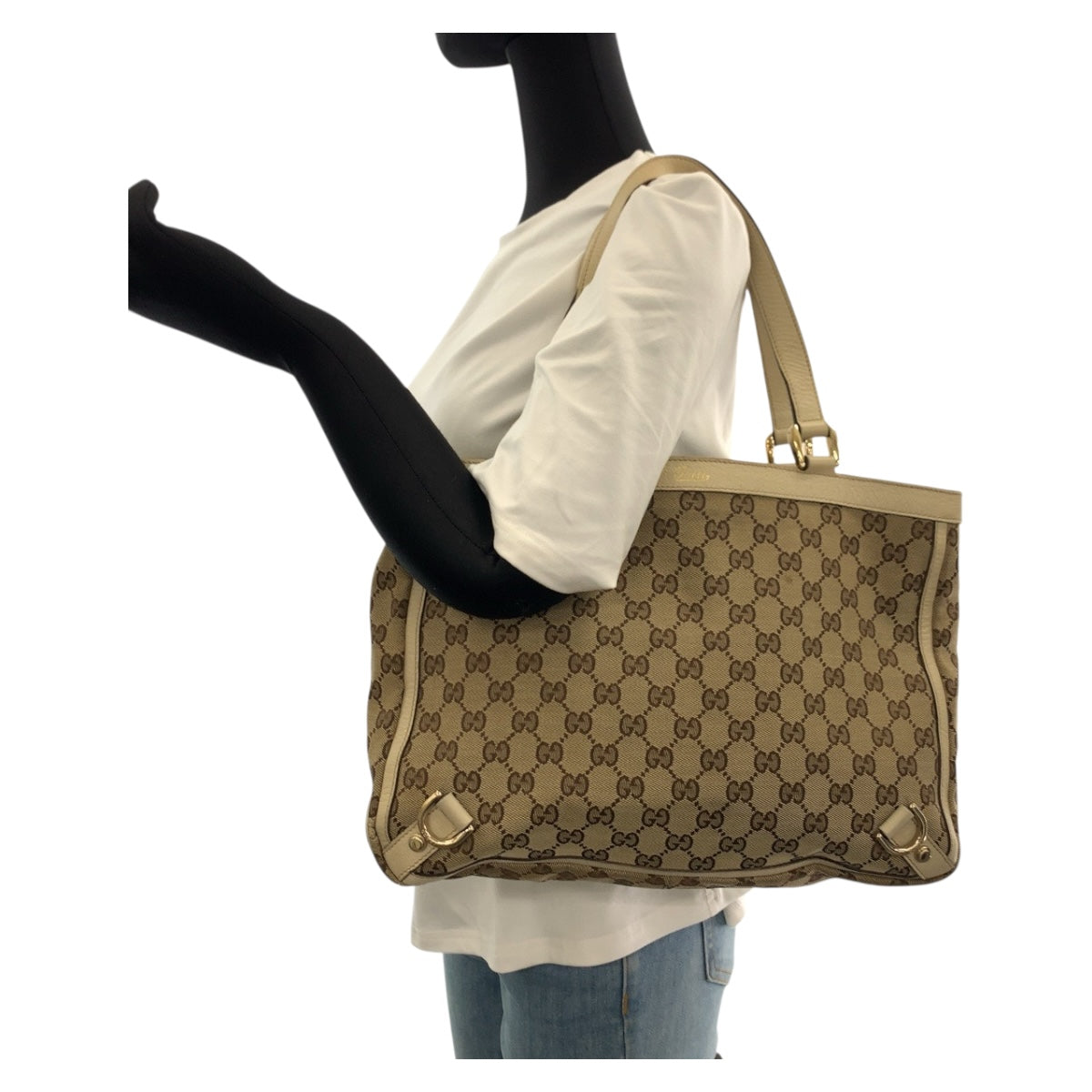 Gucci Tote Bag 17004 Gg Canvas Beige White Gold Metal Abbey