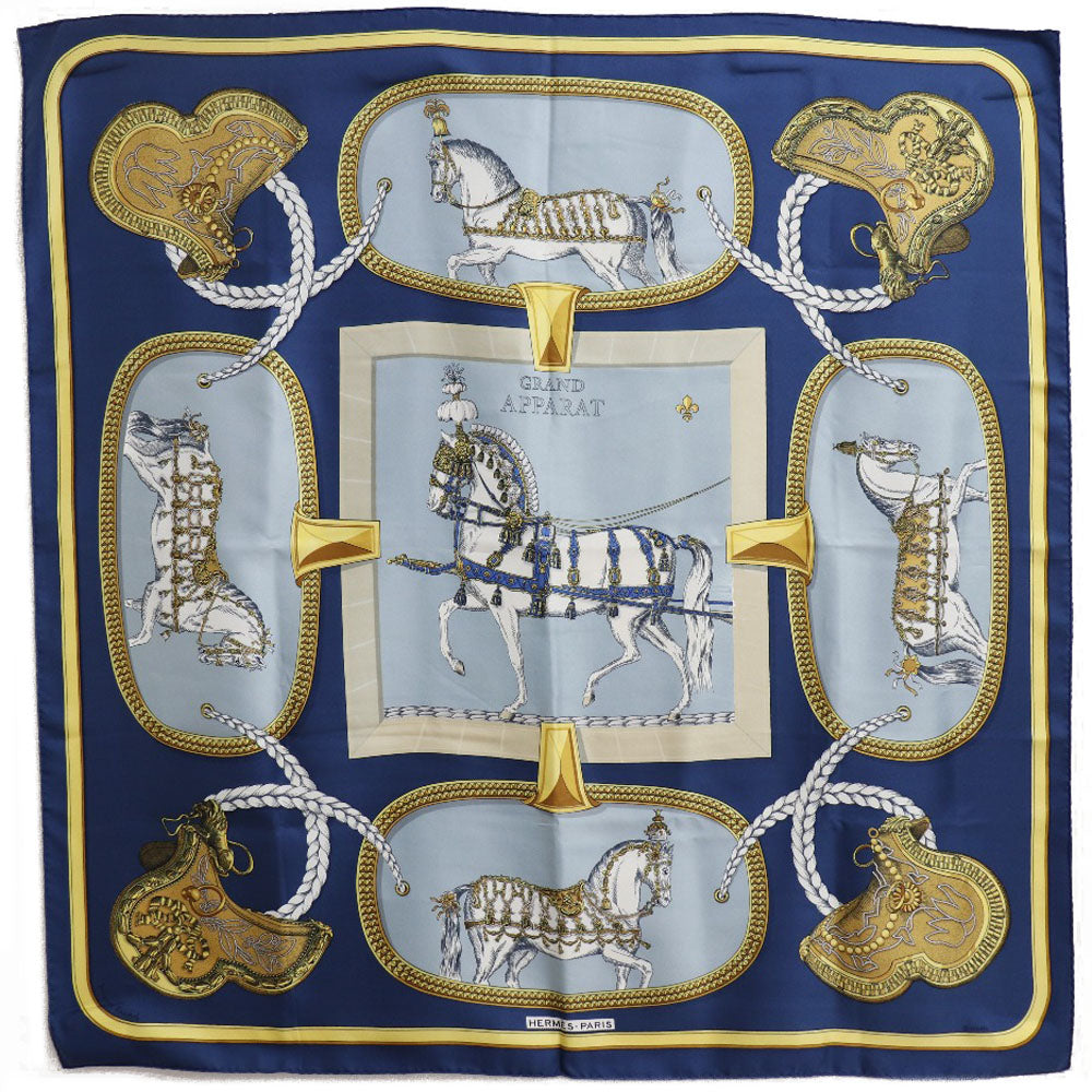 Hermes Scarf Silk Blue Dressed Horse Grand Apparat Carre90 Women