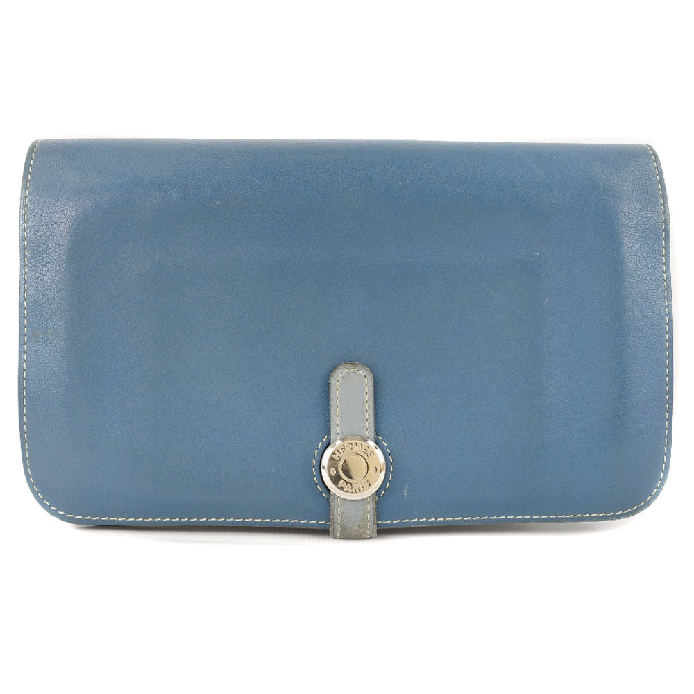 Hermes Long Wallet Purse Calfskin Blue Dogon Unisex(Unisex)