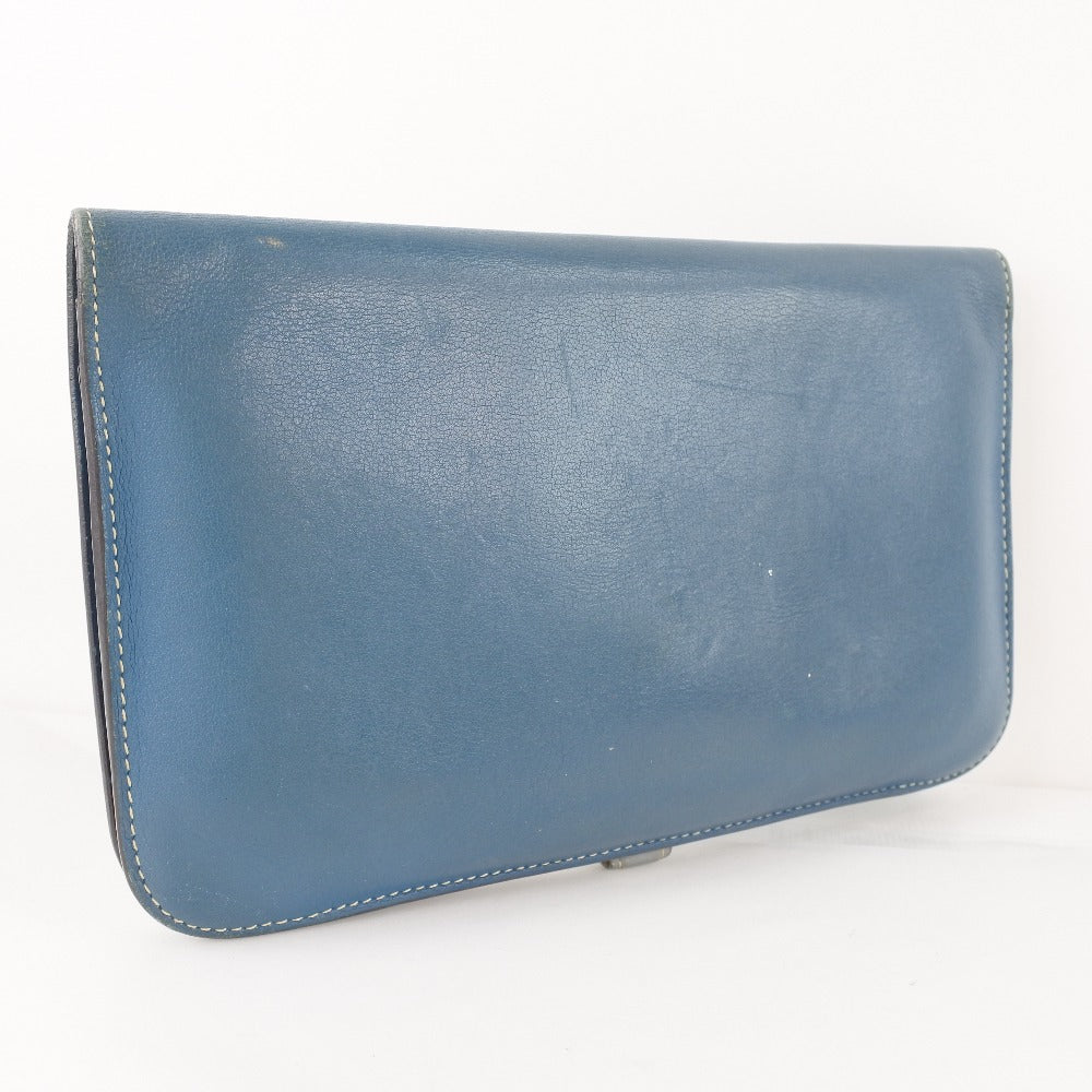 Hermes Long Wallet Purse Calfskin Blue Dogon Unisex(Unisex)