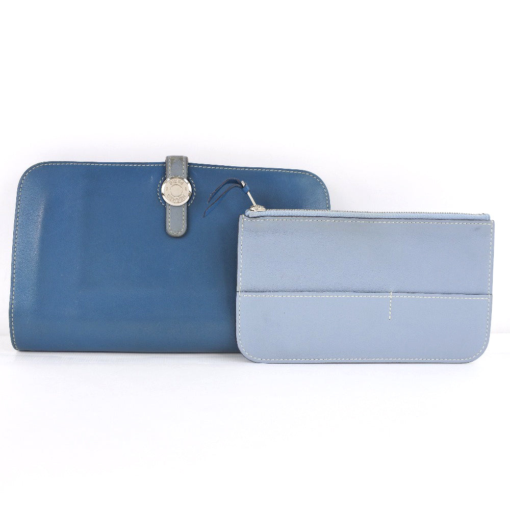 Hermes Long Wallet Purse Calfskin Blue Dogon Unisex(Unisex)