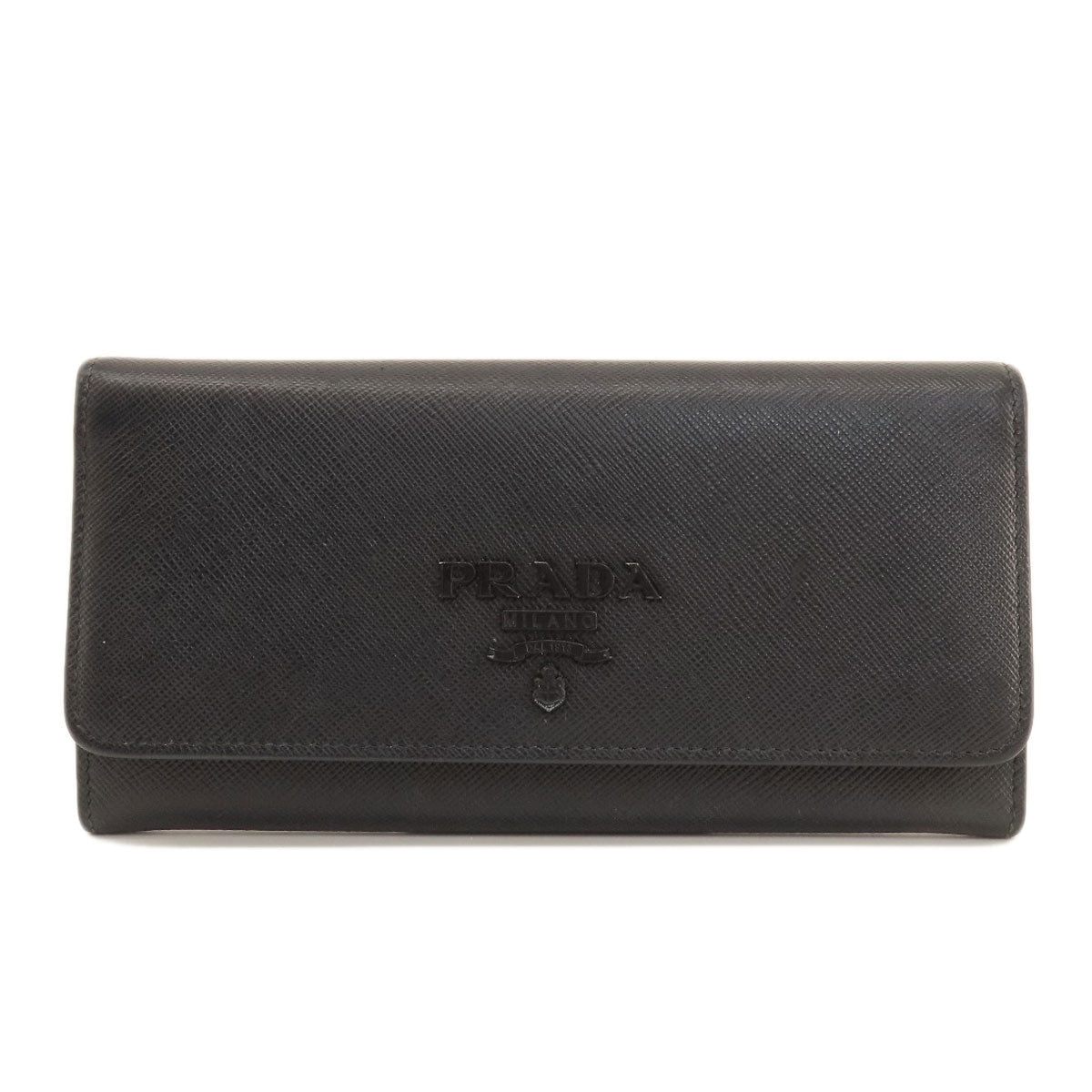 Prada Long Wallet Purse Leather Black Logo Saffiano Women