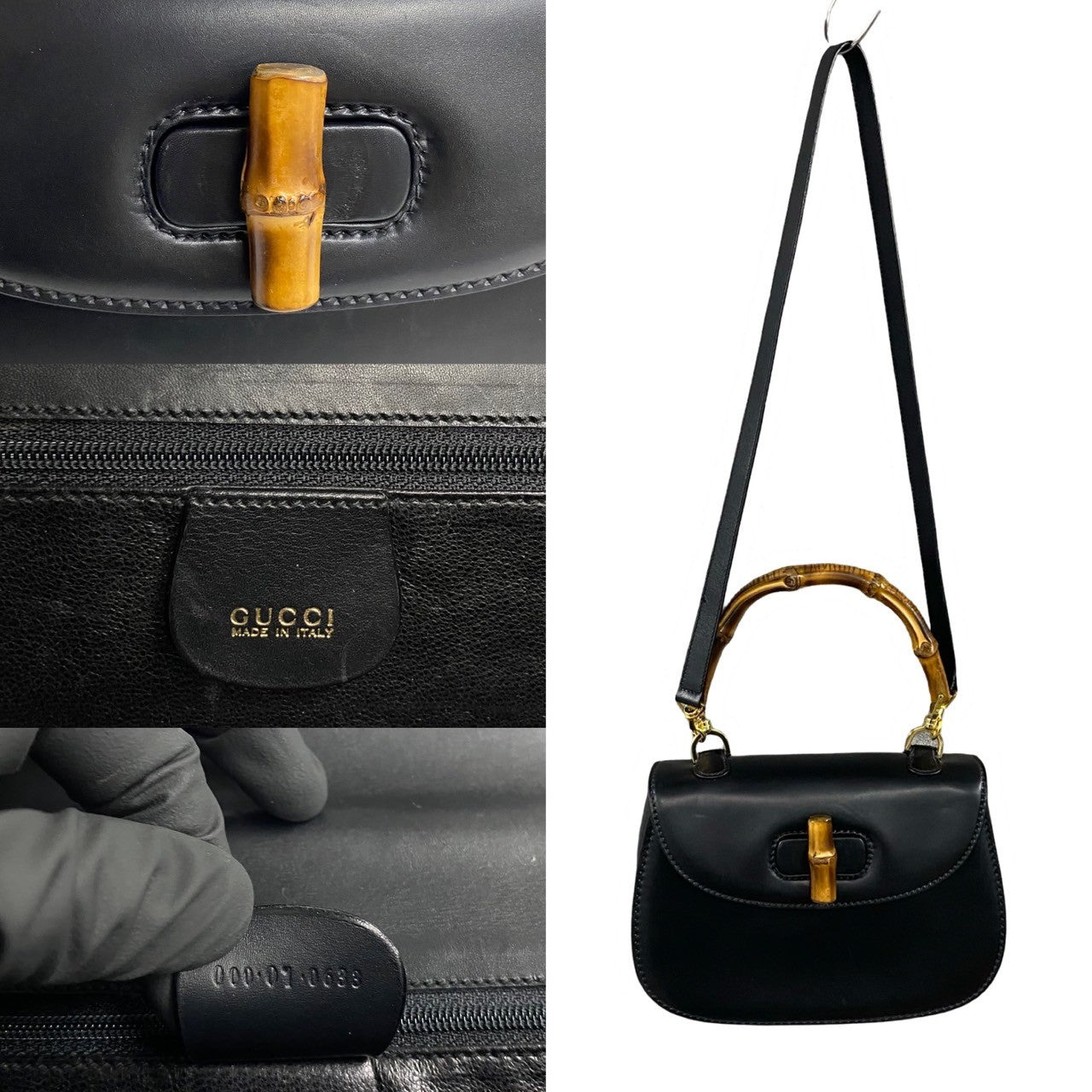 Gucci Shoulder Bag Bamboo, Leather Black Turn Lock Bamboo Women