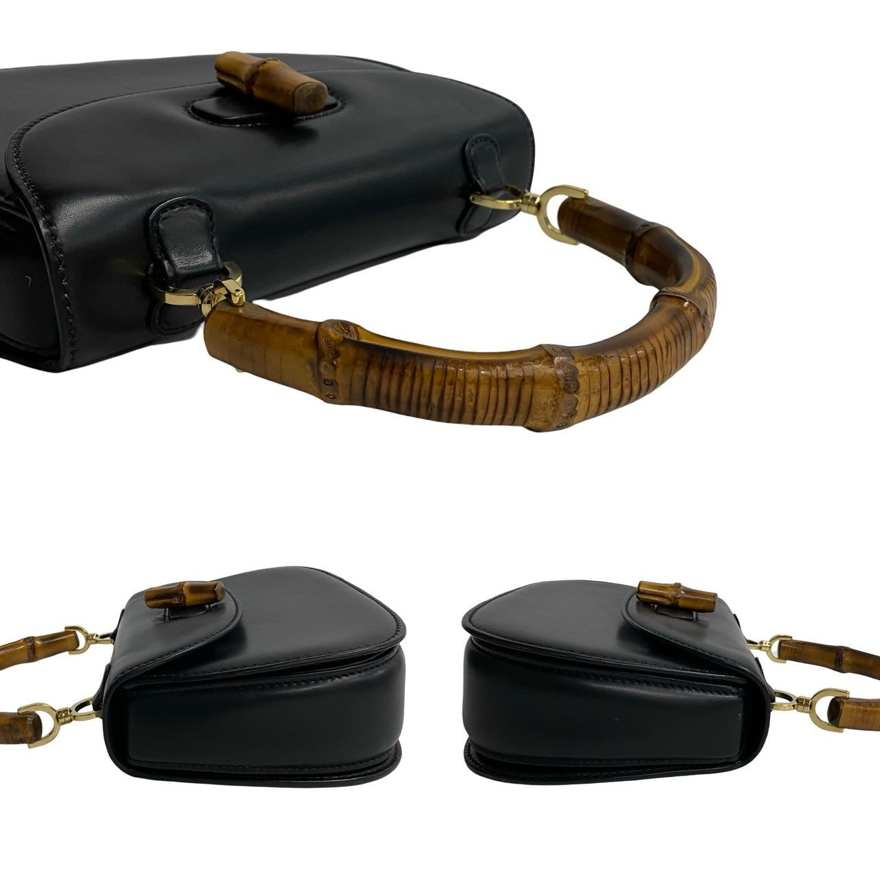 Gucci Shoulder Bag Bamboo, Leather Black Turn Lock Bamboo Women