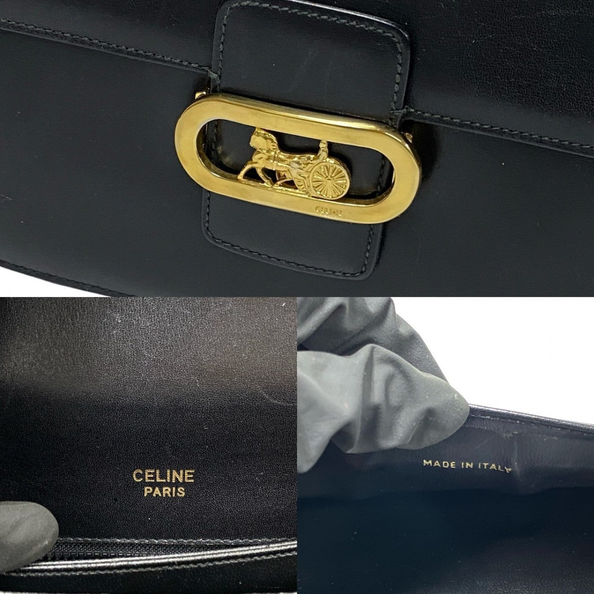 Celine Shoulder Bag Calfskin, Leather Black Logo Carriage Metal Women
