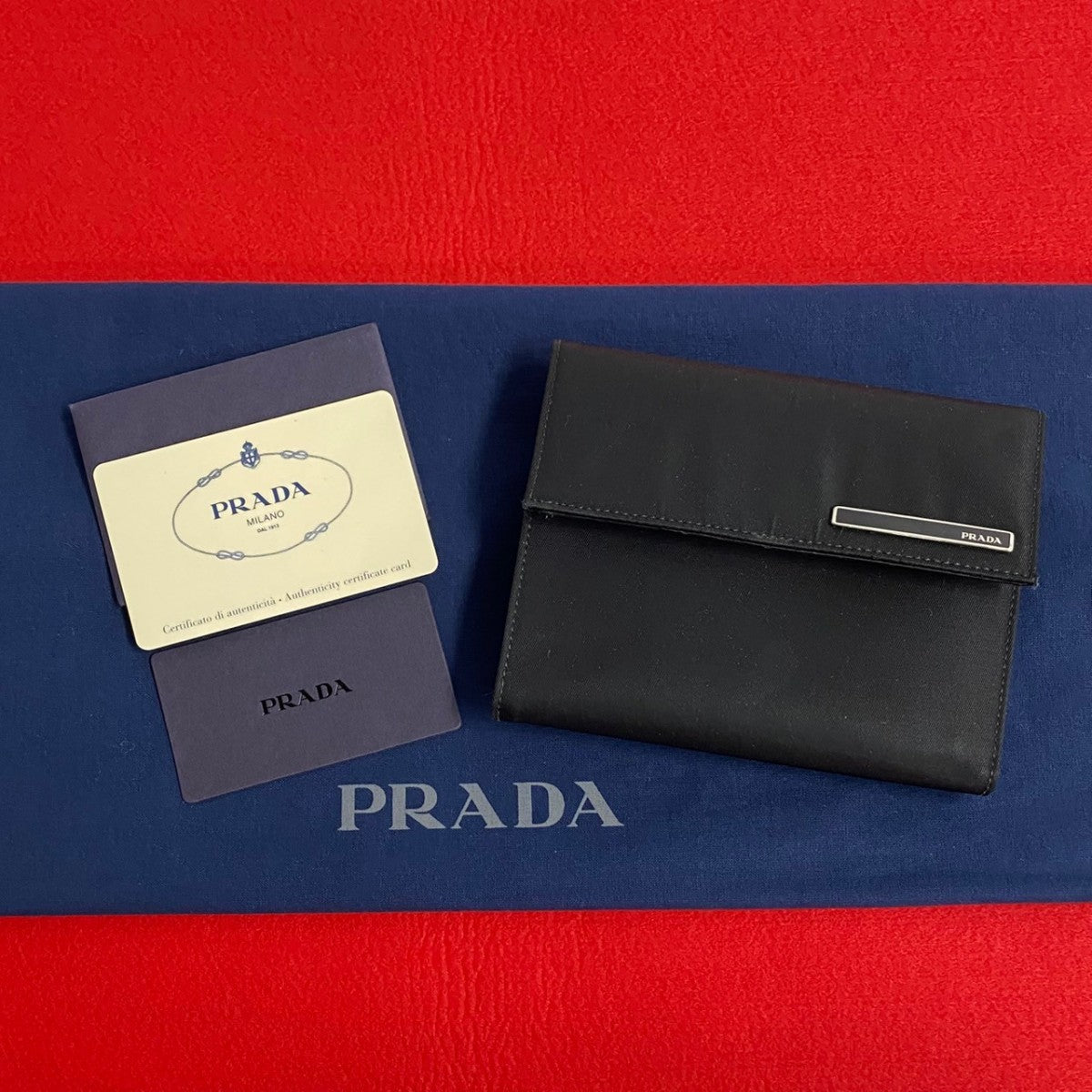 Prada Bifold Wallet Nylon, Leather Black Logo Metal Women
