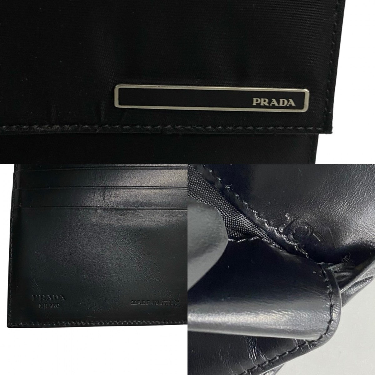 Prada Bifold Wallet Nylon, Leather Black Logo Metal Women