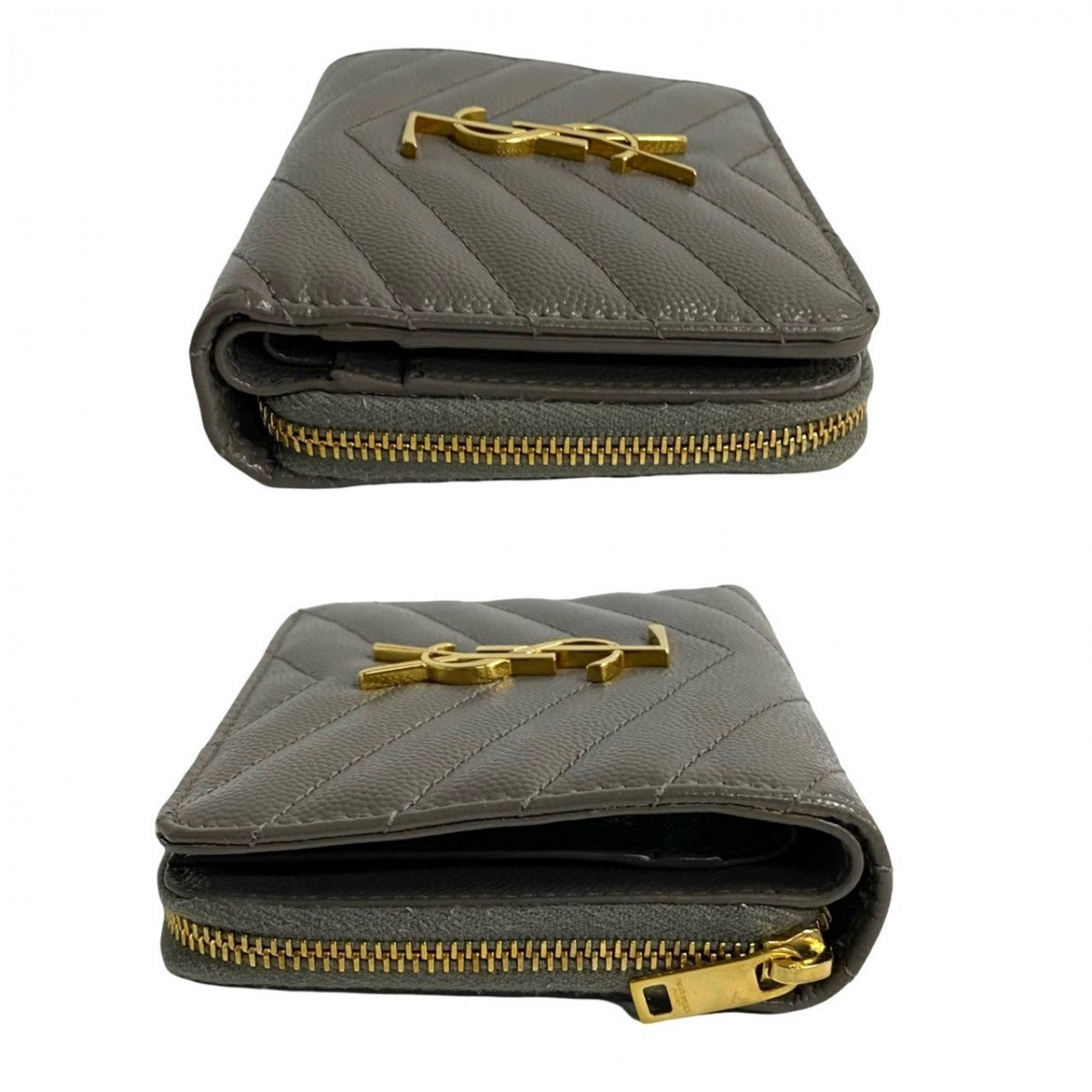 Saint Laurent Paris Bifold Wallet Leather Gray Ysl Logo Metal Round Zip Women