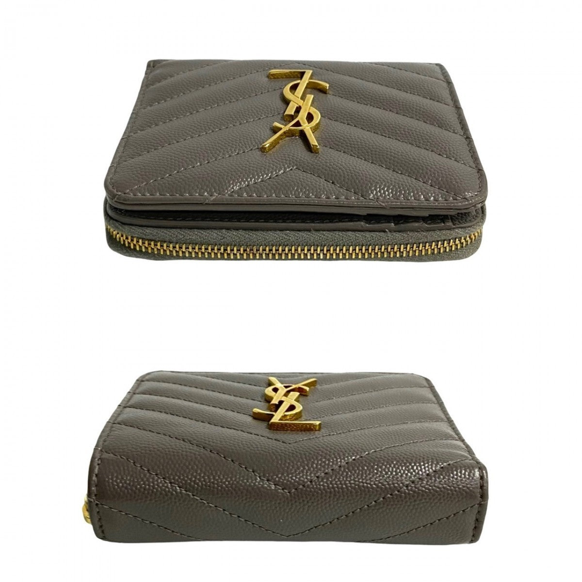 Saint Laurent Paris Bifold Wallet Leather Gray Ysl Logo Metal Round Zip Women