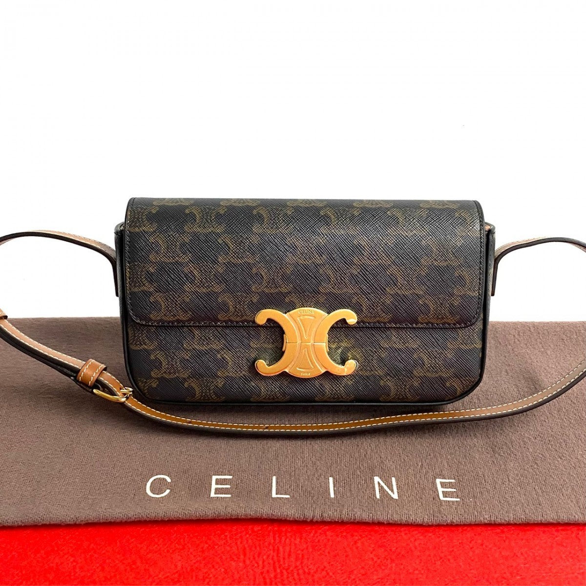 Celine Shoulder Bag Leather, Pvc Brown Triomphe Logo Metal Claude Women