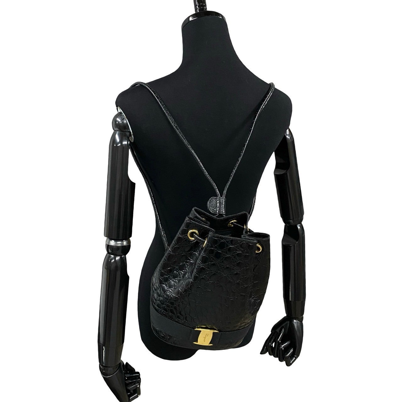 Salvatore Ferragamo Backpack Leather Black Vala Ribbon Metal Women