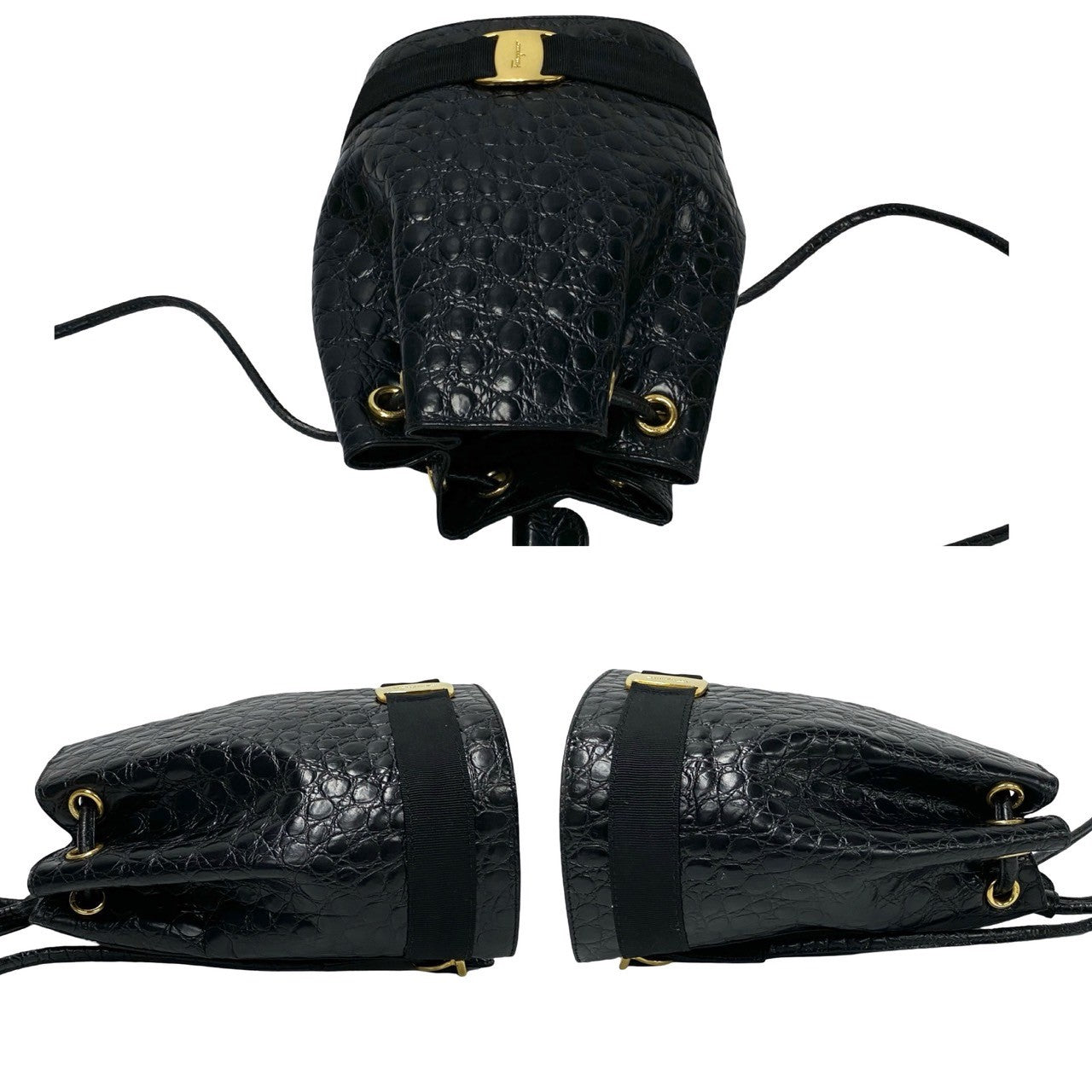 Salvatore Ferragamo Backpack Leather Black Vala Ribbon Metal Women