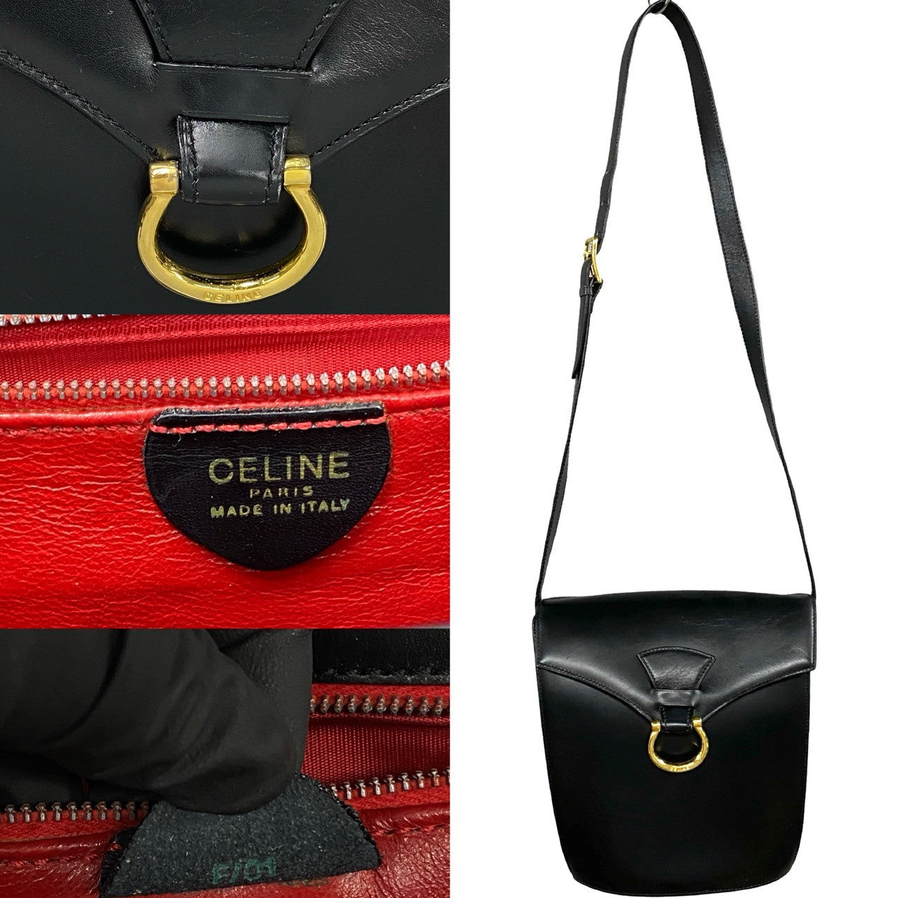Celine Shoulder Bag Calfskin, Leather Black Gancini Logo Metal Women