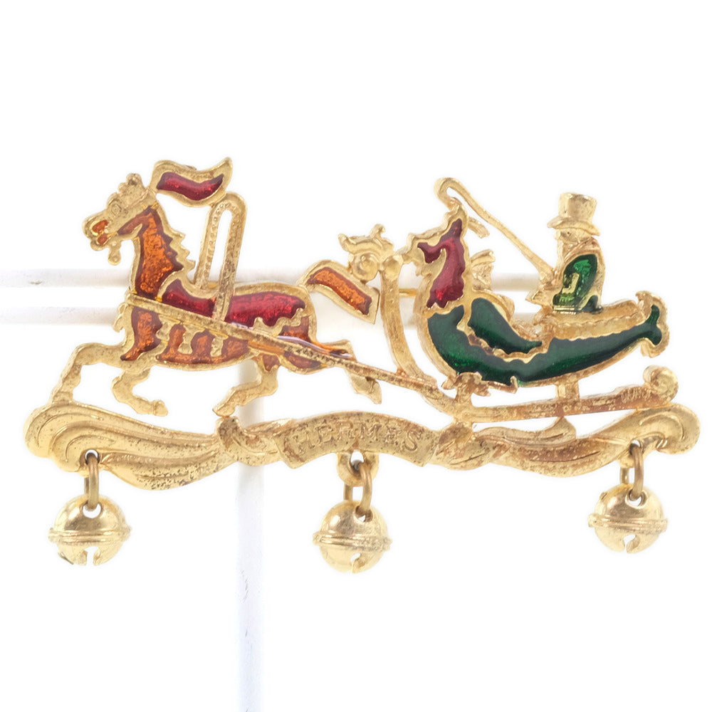 Hermes Brooch Plated Gold Red, Green, Orange Carriage Women