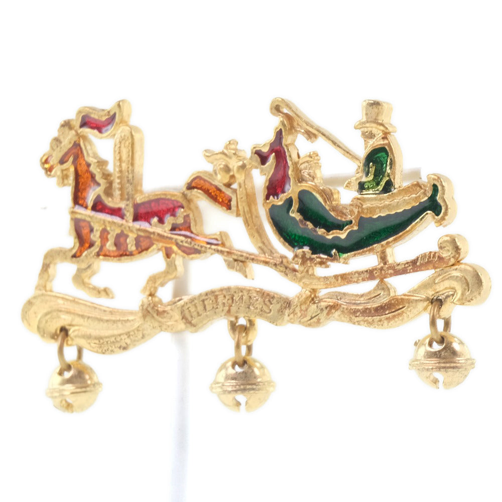 Hermes Brooch Plated Gold Red, Green, Orange Carriage Women