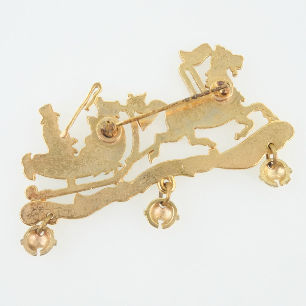 Hermes Brooch Plated Gold Red, Green, Orange Carriage Women