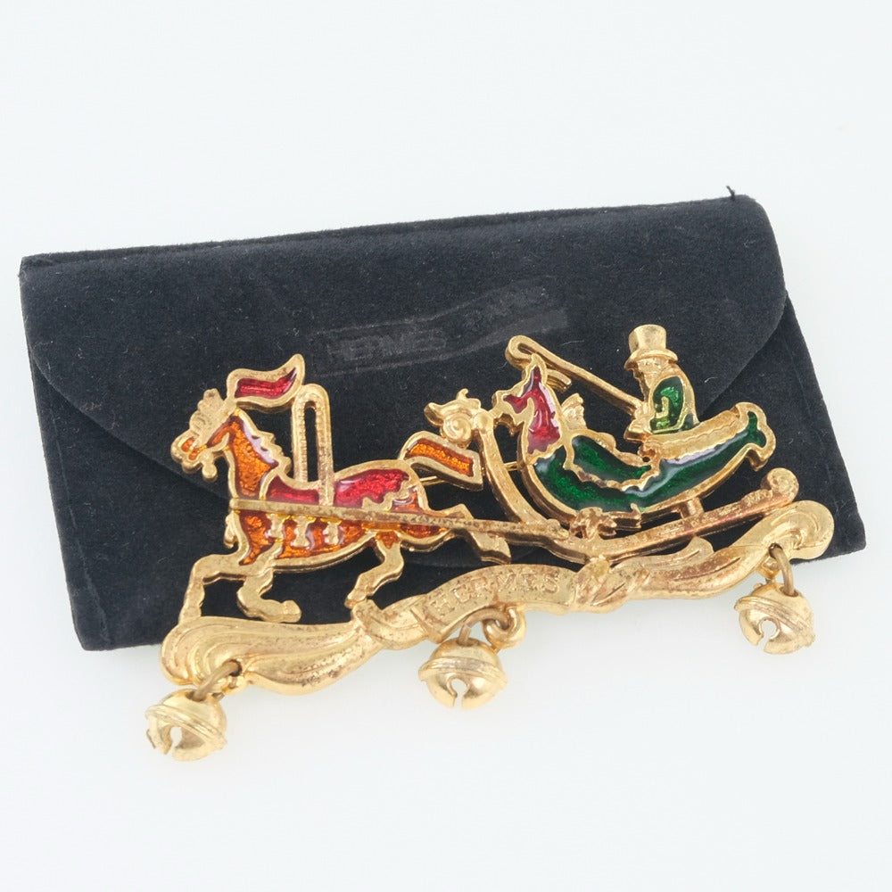 Hermes Brooch Plated Gold Red, Green, Orange Carriage Women