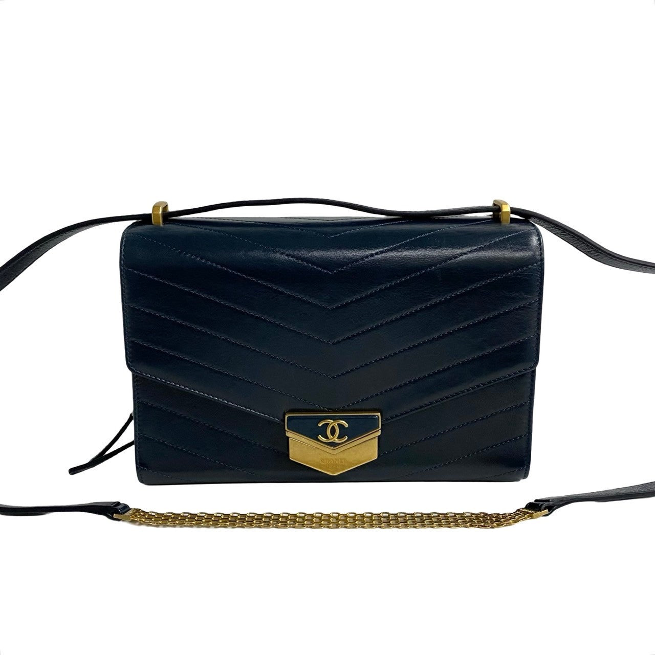 Chanel Shoulder Bag Leather Navy Coco Mark Vstitch Women