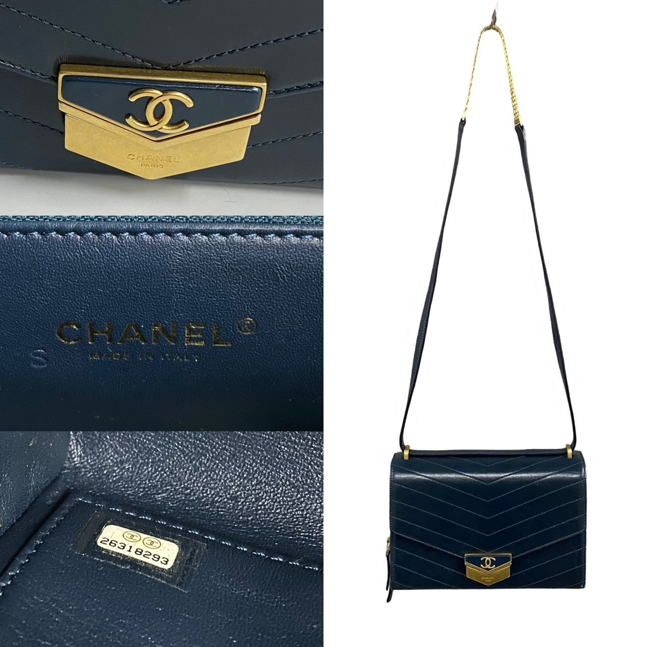 Chanel Shoulder Bag Leather Navy Coco Mark Vstitch Women