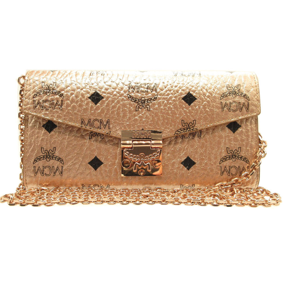 Mcm Long Wallet Purse 8Apa11 Leather Champagne Gold Chain Shoulder Bag Women