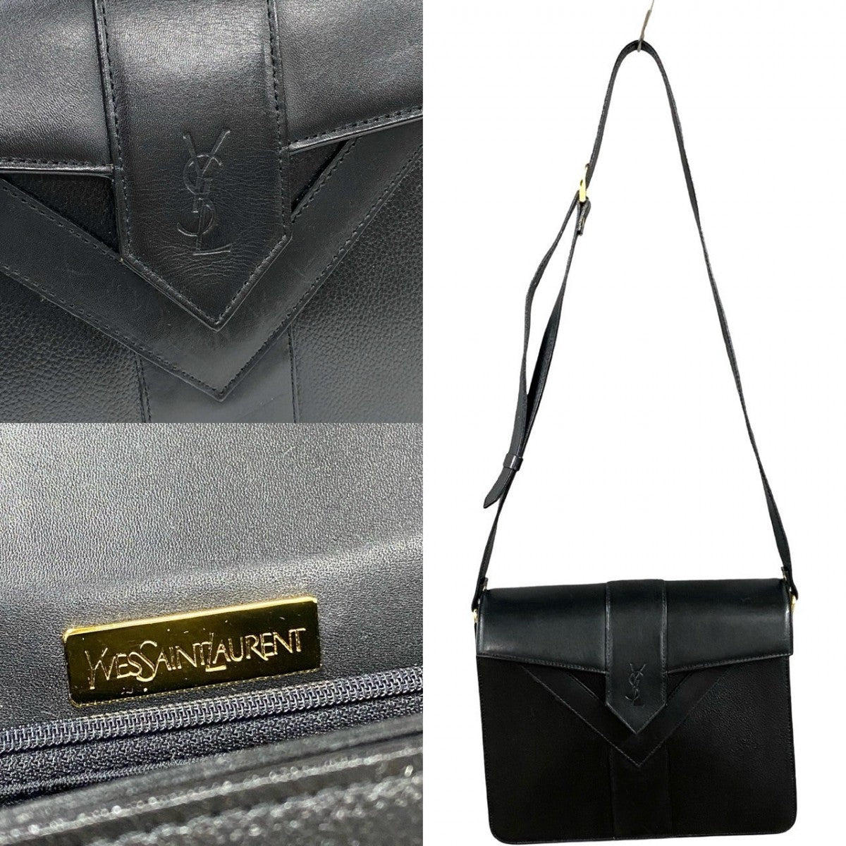 Yves Saint Laurent Shoulder Bag Leather Black Logo Women