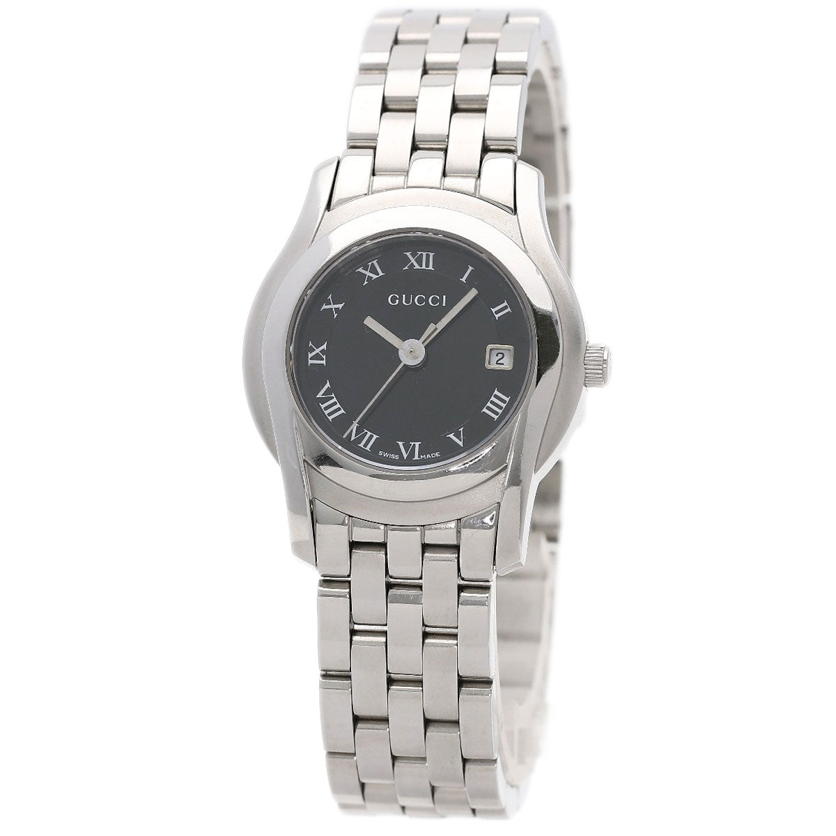 Gucci Watches Quartz 5500L Stainless Steel , Stainless Steel Silver Round Face Black Dial Women