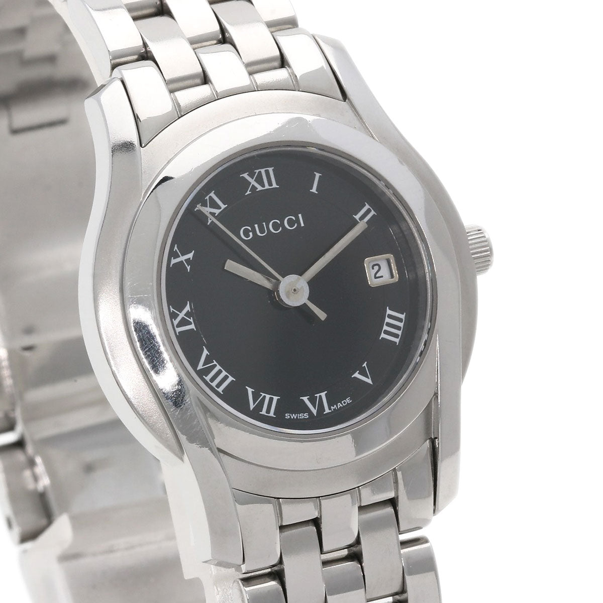 Gucci Watches Quartz 5500L Stainless Steel , Stainless Steel Silver Round Face Black Dial Women
