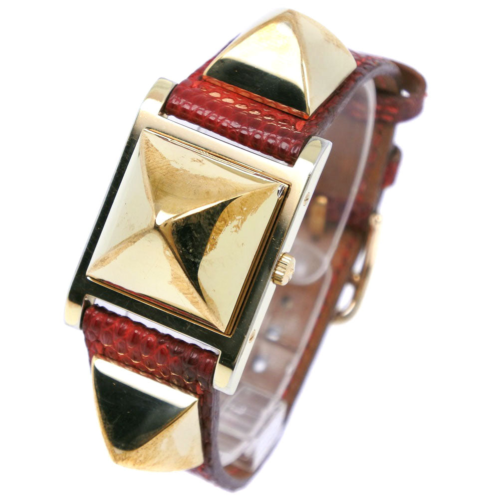 Hermes Watches Quartz Plated Gold , Leather Gold Medor White Dial Women