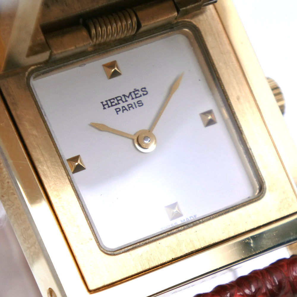 Hermes Watches Quartz Plated Gold , Leather Gold Medor White Dial Women