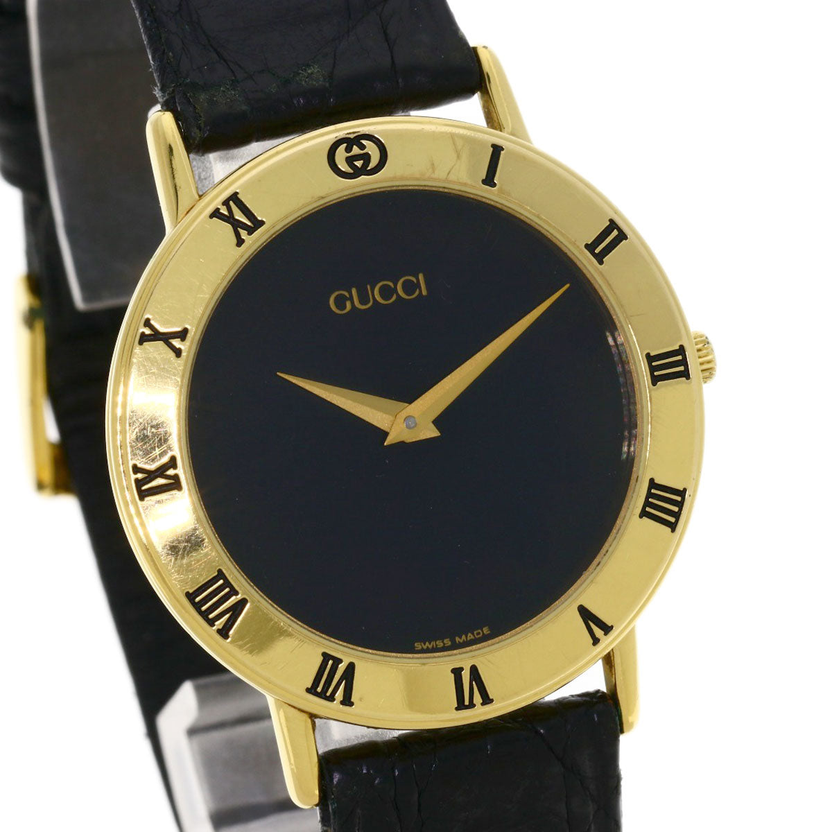Gucci Watches Quartz 3000.2M Gold Plated, Leather Gold Round Face Black Dial Mens