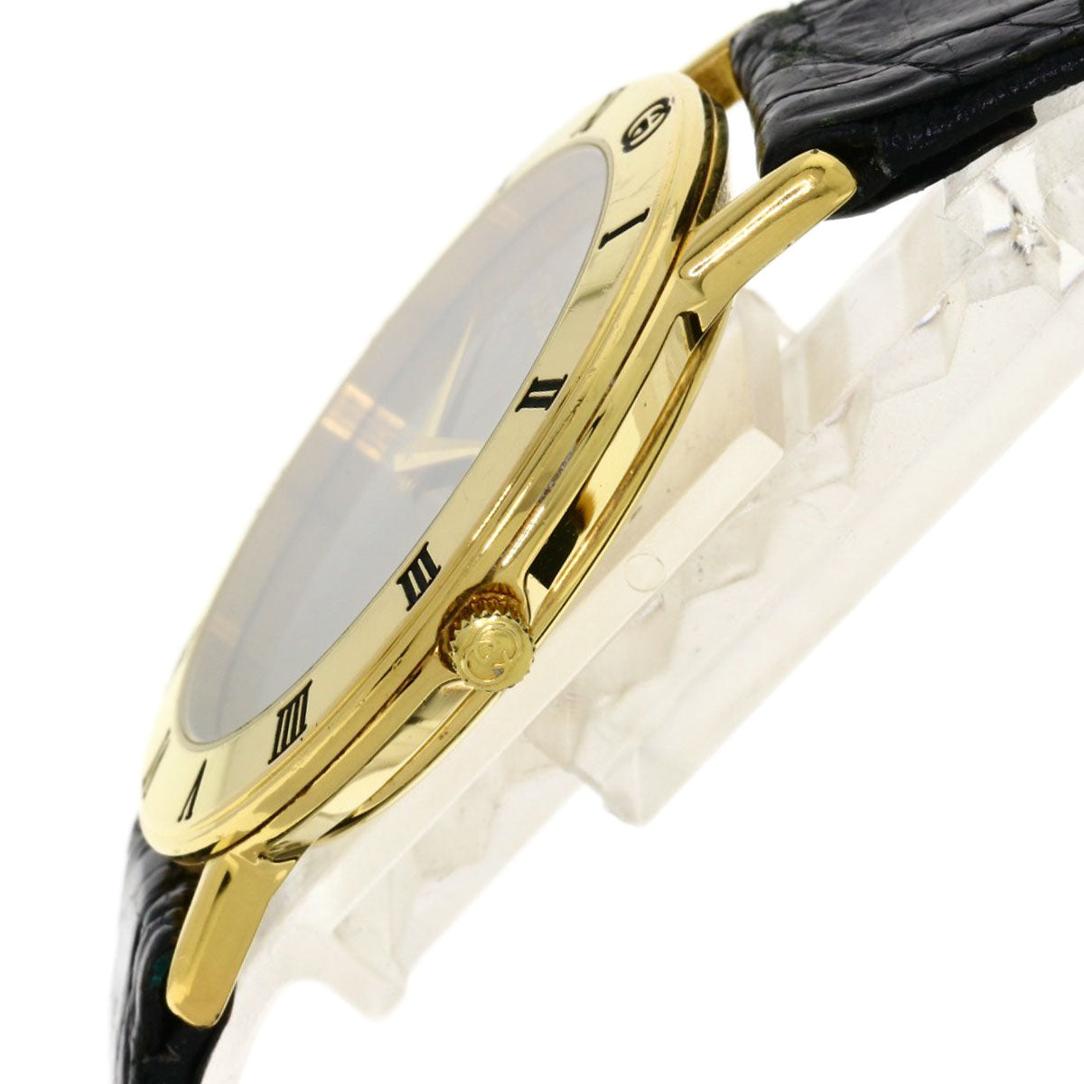 Gucci Watches Quartz 3000.2M Gold Plated, Leather Gold Round Face Black Dial Mens