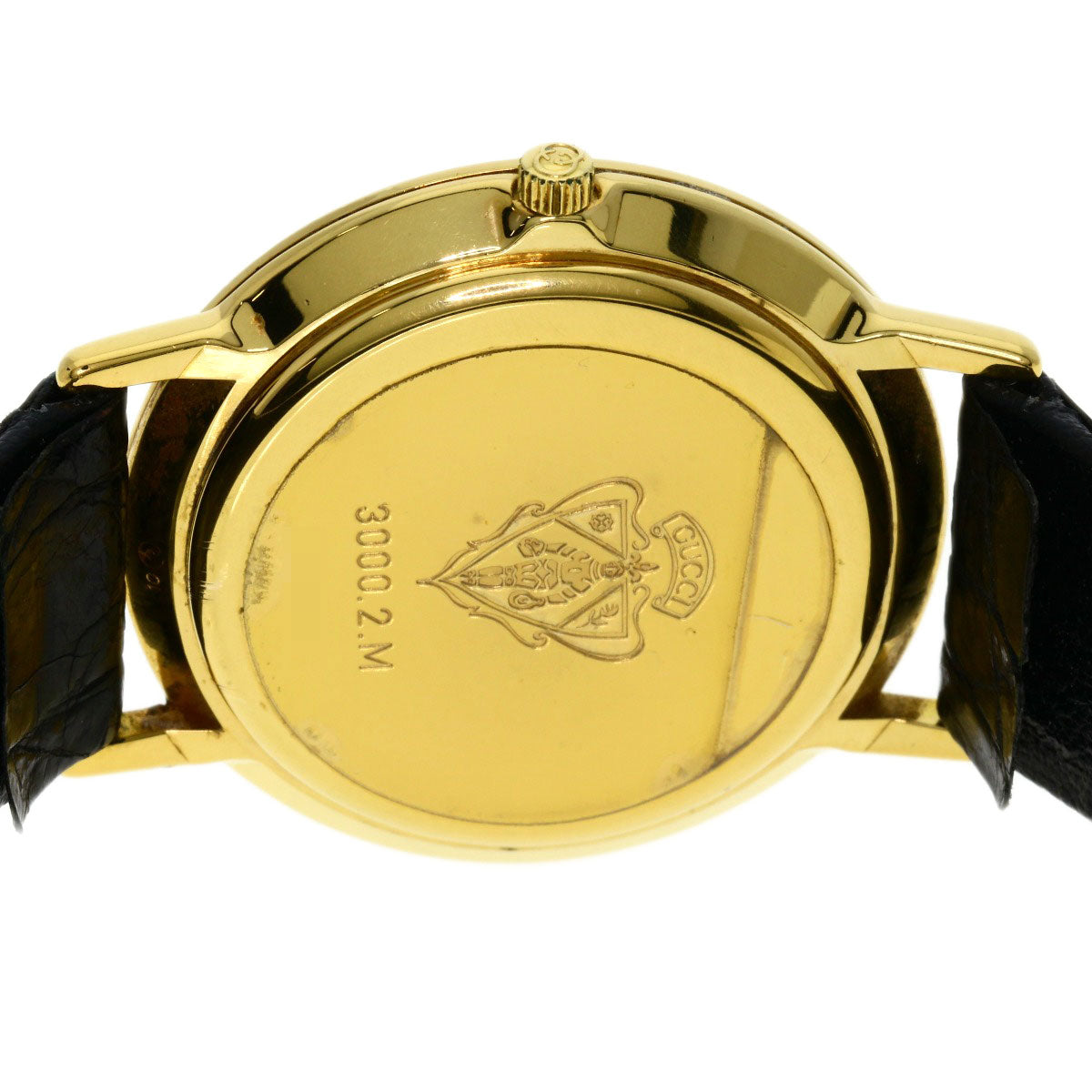 Gucci Watches Quartz 3000.2M Gold Plated, Leather Gold Round Face Black Dial Mens
