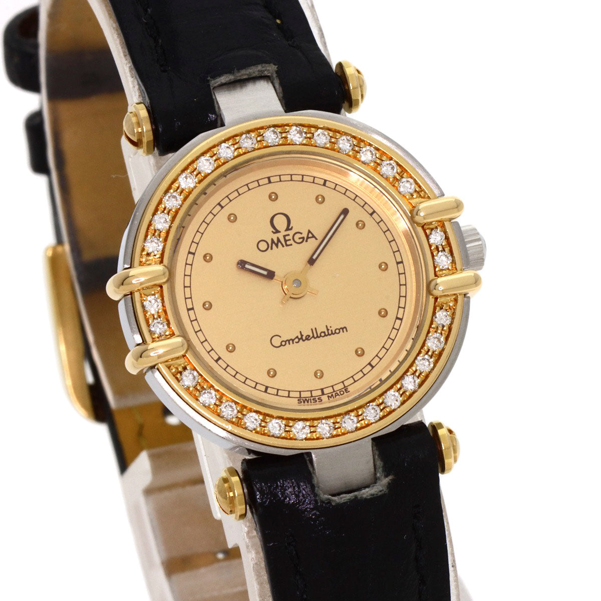 Omega Watches Quartz Stainless Steel, Leather Gold Constellation Flat Bezel Gold Dial Women