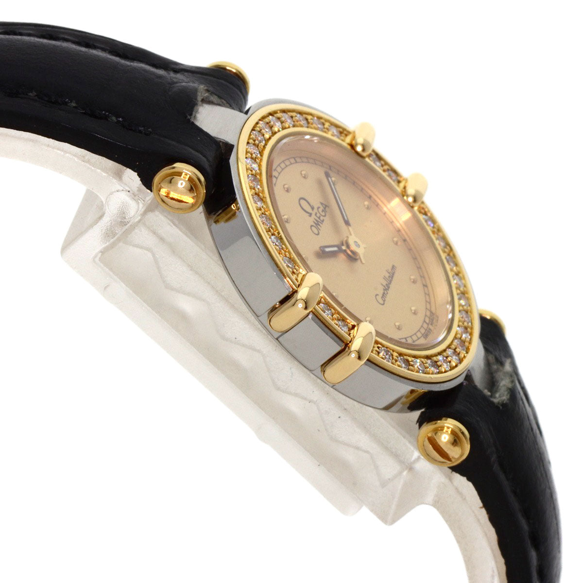 Omega Watches Quartz Stainless Steel, Leather Gold Constellation Flat Bezel Gold Dial Women
