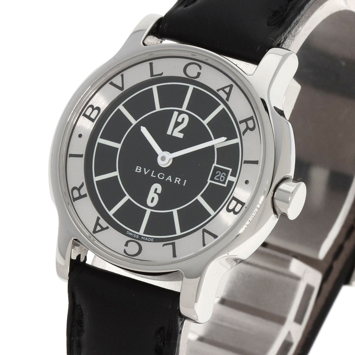 Bvlgari Watches Quartz St29S Stainless Steel, Leather Silver Solo Tempo Black Dial Women