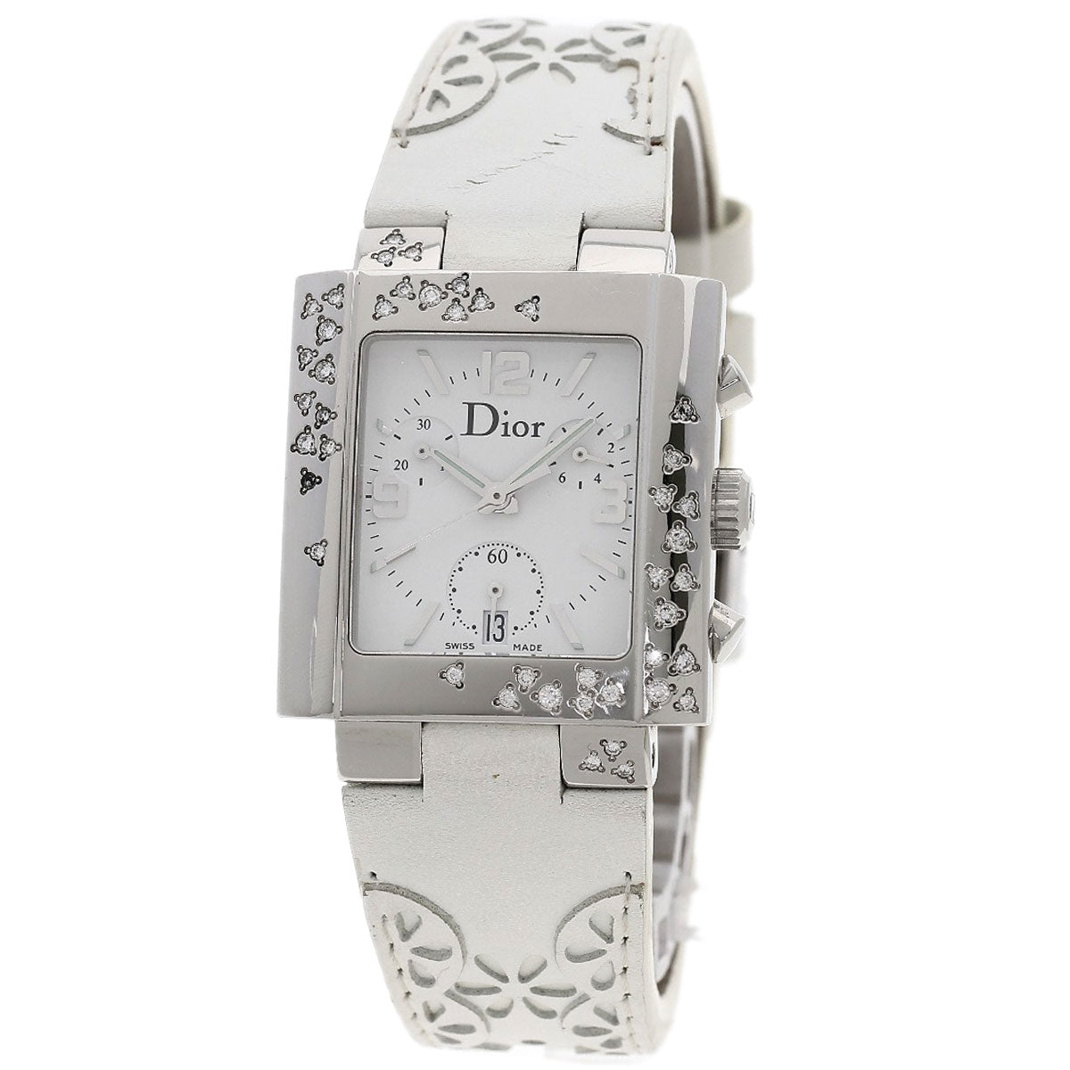 Christian Dior Watches Quartz D81-101 Stainless Steel, Leather Silver Riva Diamond Bezel White Dial