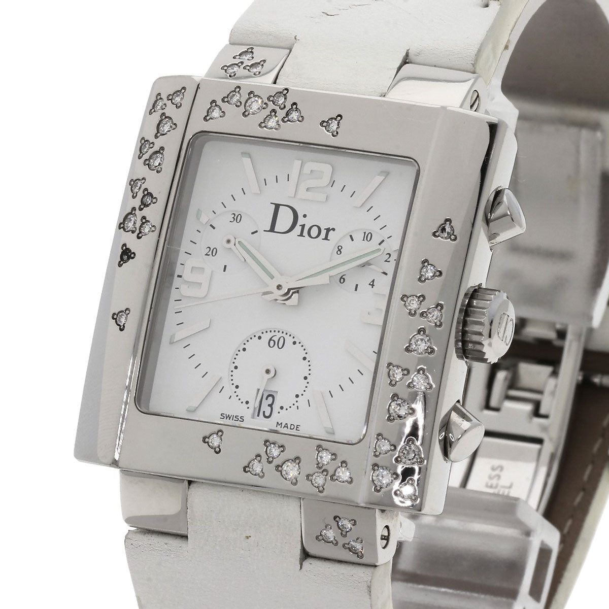 Christian Dior Watches Quartz D81-101 Stainless Steel, Leather Silver Riva Diamond Bezel White Dial