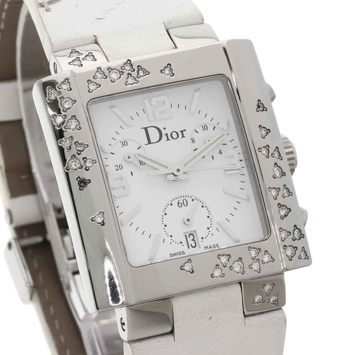 Christian Dior Watches Quartz D81-101 Stainless Steel, Leather Silver Riva Diamond Bezel White Dial