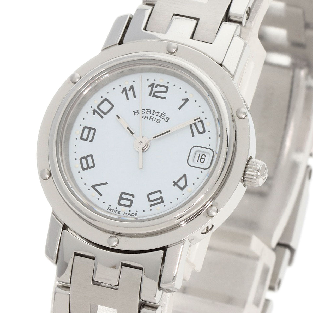 Hermes Watches Quartz Cl4.210 Stainless Steel , Stainless Steel Silver Clipper New Buckle White