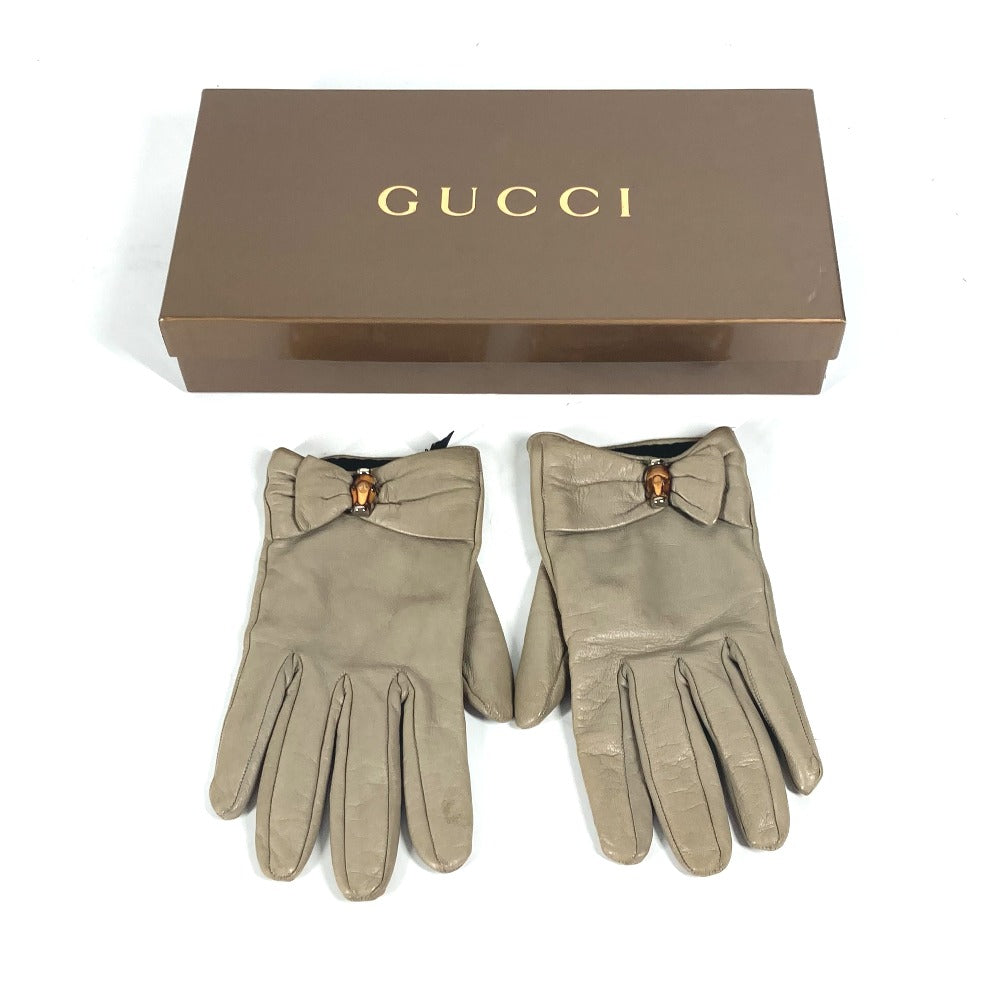 Gucci Gloves Leather Beige Ribbon Wood Bamboo Women 7