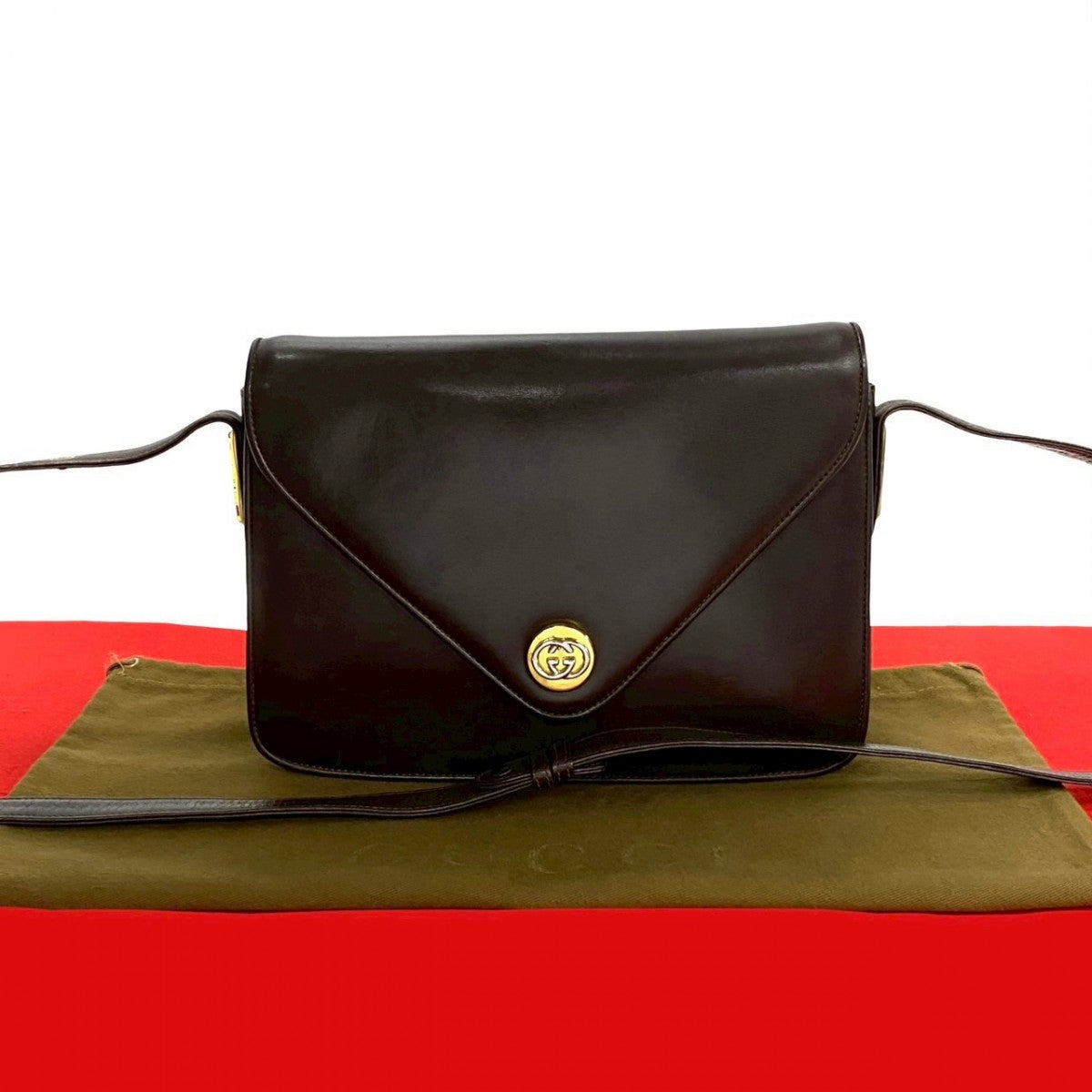 Gucci Shoulder Bag Leather Brown Gg Logo Metal Women