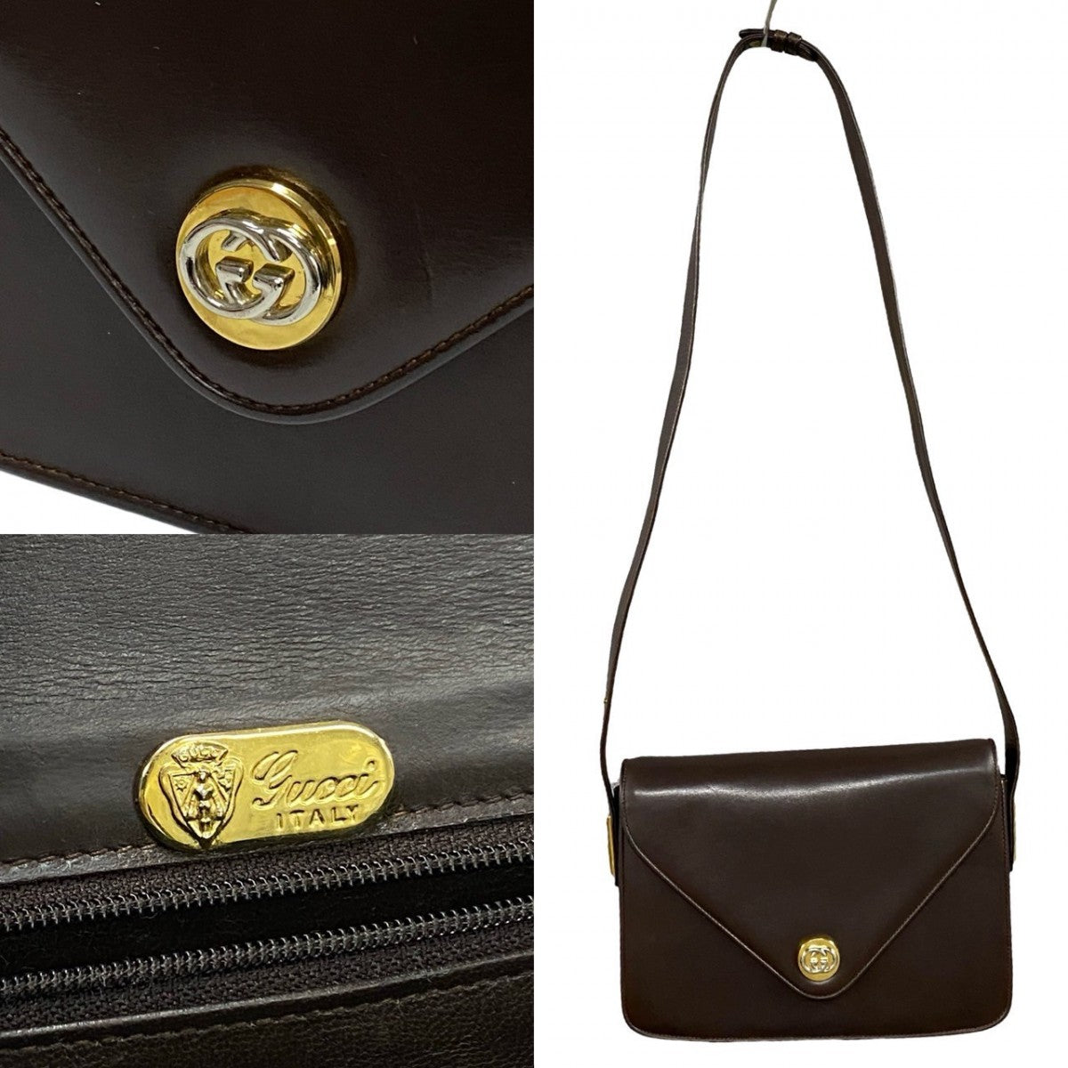 Gucci Shoulder Bag Leather Brown Gg Logo Metal Women