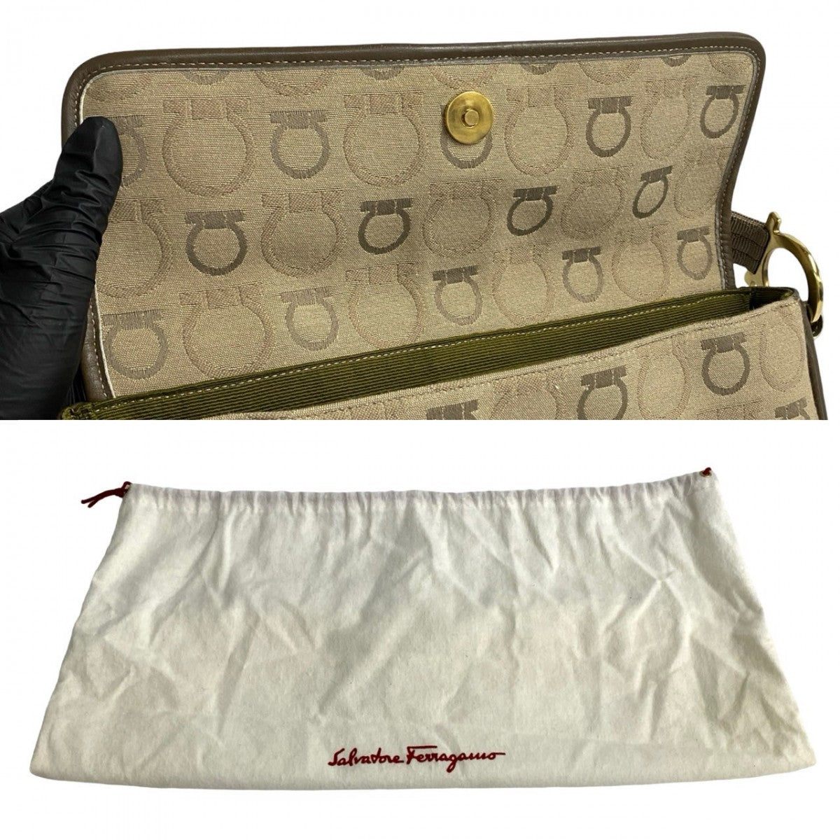 Salvatore Ferragamo Shoulder Bag Canvas, Leather Brown Gancini Metal All Over Pattern Women