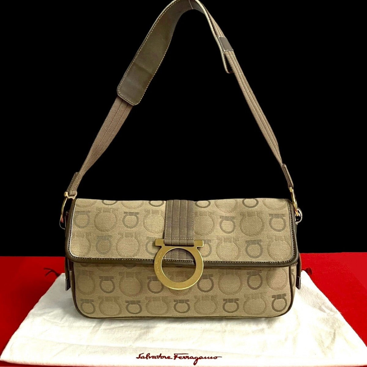 Salvatore Ferragamo Shoulder Bag Canvas, Leather Brown Gancini Metal All Over Pattern Women