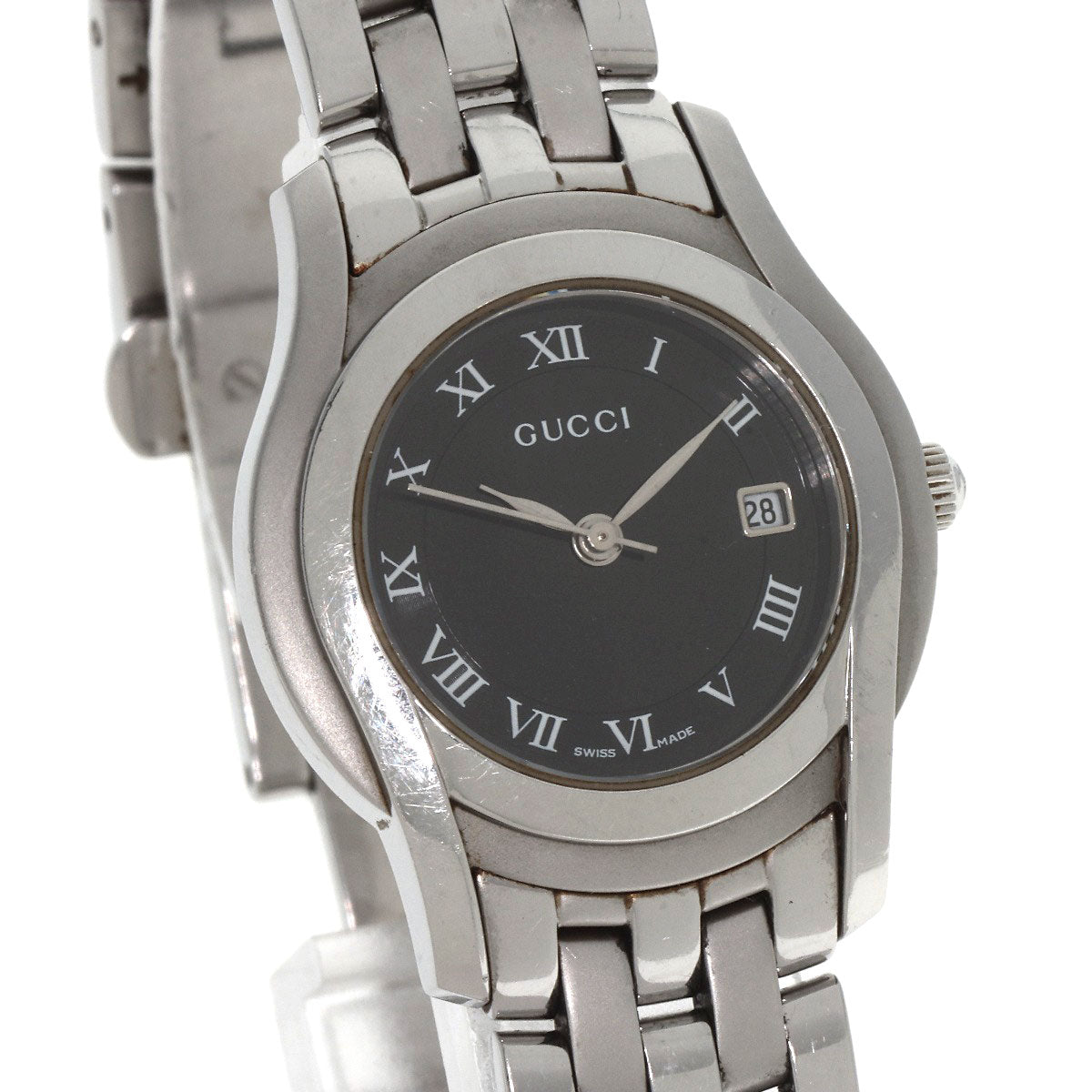 Gucci Watches Quartz 5500L Stainless Steel , Stainless Steel Silver Round Face Black Dial Women